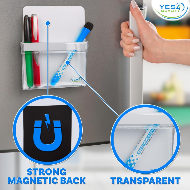YES4QUALITY Magnetic Pen Holder for Refrigerator with Strong Magnetic Back (2 Pack), Dry Erase Marker Holder Ideal for Whiteboard & Fridge, Clear & White Pencil Cup - Image 4